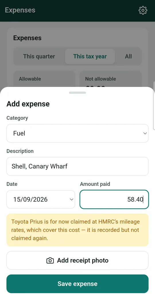 Add expense form filled in for fuel