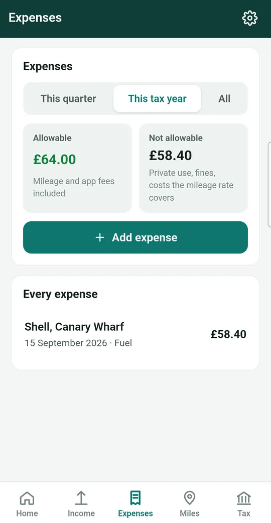 The Expenses screen with totals for allowable and not allowable costs and a list of expenses