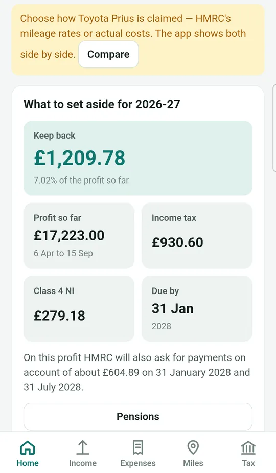 The Meter Max home screen showing what to set aside for tax