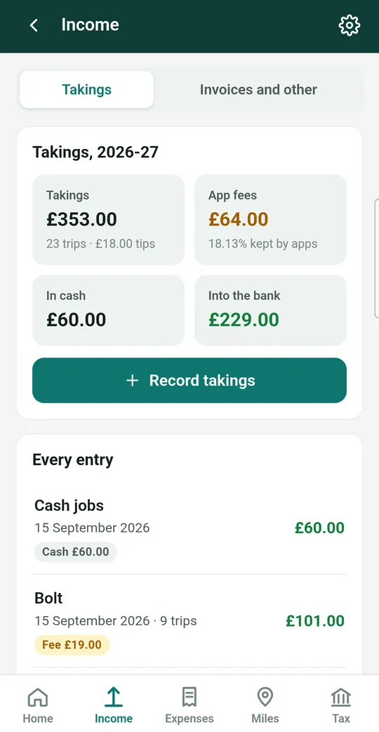 Income screen listing takings from Uber, Bolt and cash jobs