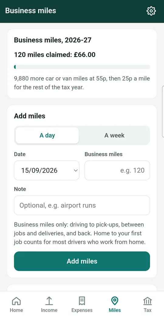 Business miles screen