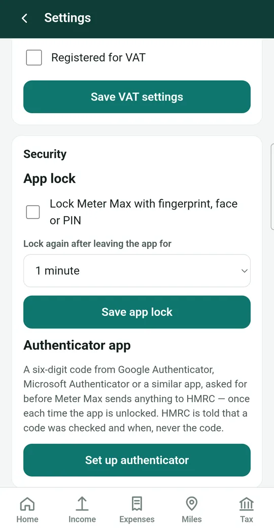 The Security box in Settings with the App lock tick box, the lock again time, Save app lock and Set up authenticator buttons