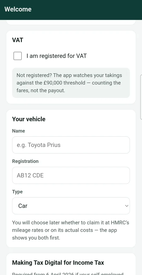 Setup screen asking about VAT and your vehicle