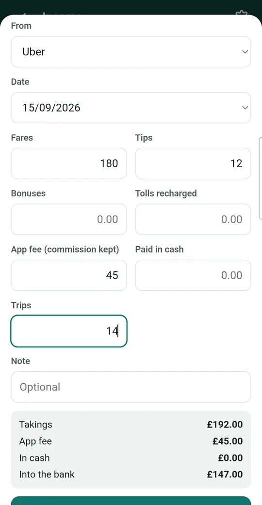 The Record takings form filled in with fares of £180, tips of £12 and an app fee of £45