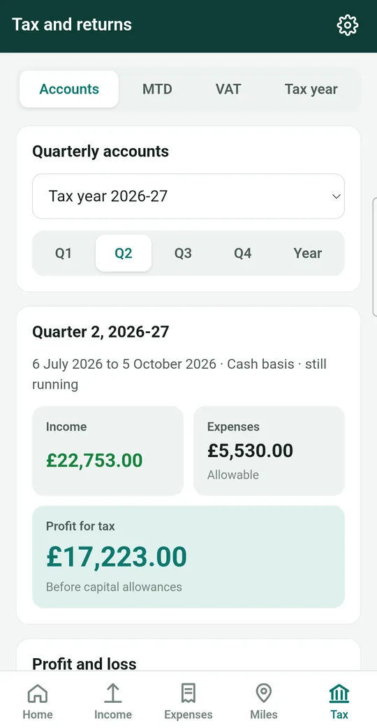 Tax and returns screen showing quarterly accounts